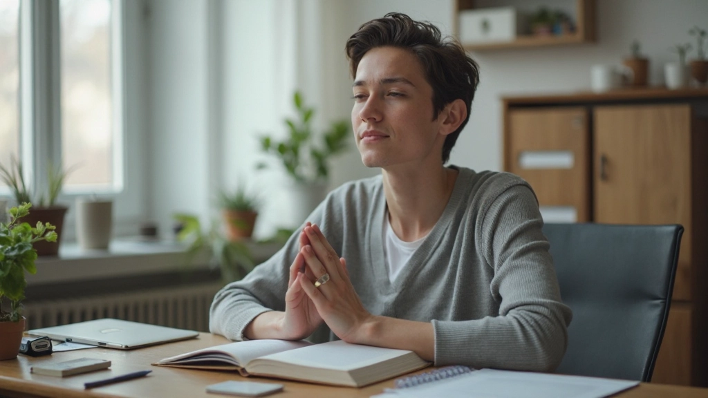 Студент в позе медитации за учебным столом