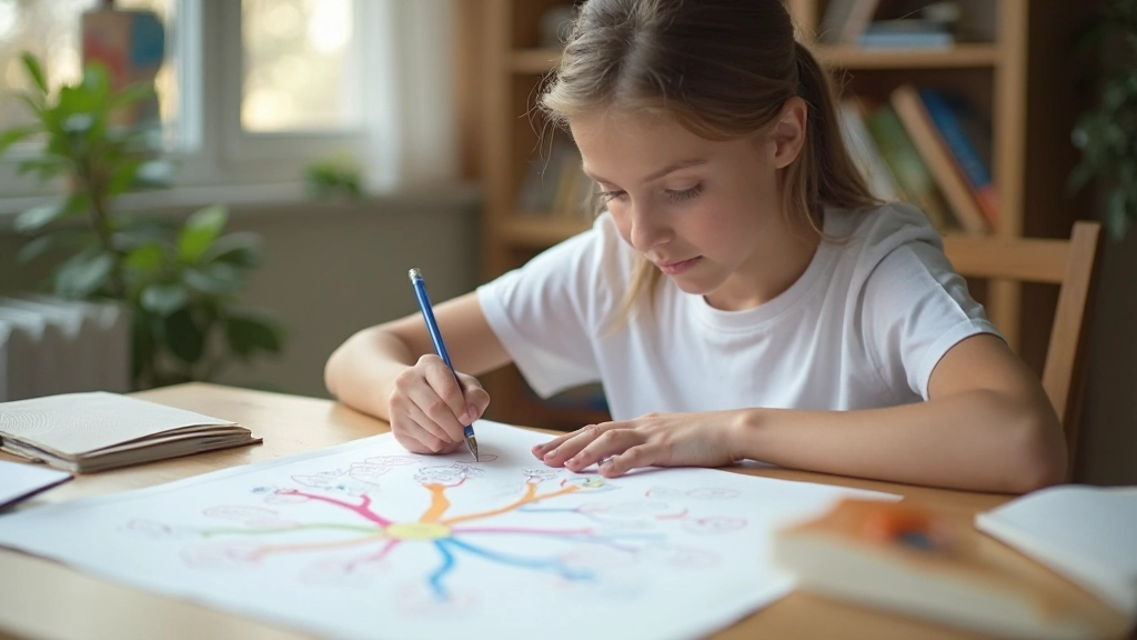 Студент создает ментальную карту на большом листе бумаги с разноцветными ветвями