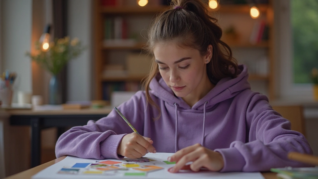 Молодая женщина-студентка использует цветные карточки для изучения материала за столом